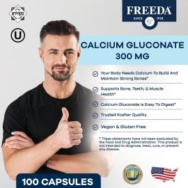 Freeda Calcium Gluconate - Kosher Vegan Calcium Supplement - Easy to Digest & Absorb - Supports Bone Strength - Pure Calcium Without Vitamin D - (100 Capsules)