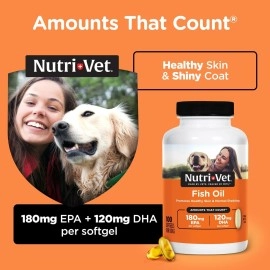 Nutri-Vet Fish Oil Supplements for Dogs - Skin and Coat Omega 3 Supplement - Dog Dry Skin & Dog Shedding Support - 100 Count Softgels