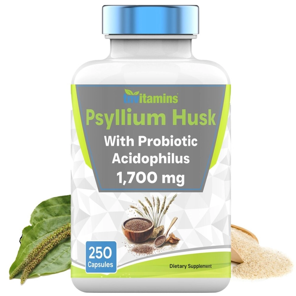 tnvitamins Psyllium Husk Capsules | 1700 MG - 250 Capsules | with Probiotic Acidophilus | Extra Strength Soluble & Dietary Fiber Supplement | Supports Digestive Health