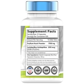 tnvitamins Psyllium Husk Capsules | 1700 MG - 250 Capsules | with Probiotic Acidophilus | Extra Strength Soluble & Dietary Fiber Supplement | Supports Digestive Health