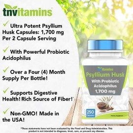 tnvitamins Psyllium Husk Capsules | 1700 MG - 250 Capsules | with Probiotic Acidophilus | Extra Strength Soluble & Dietary Fiber Supplement | Supports Digestive Health