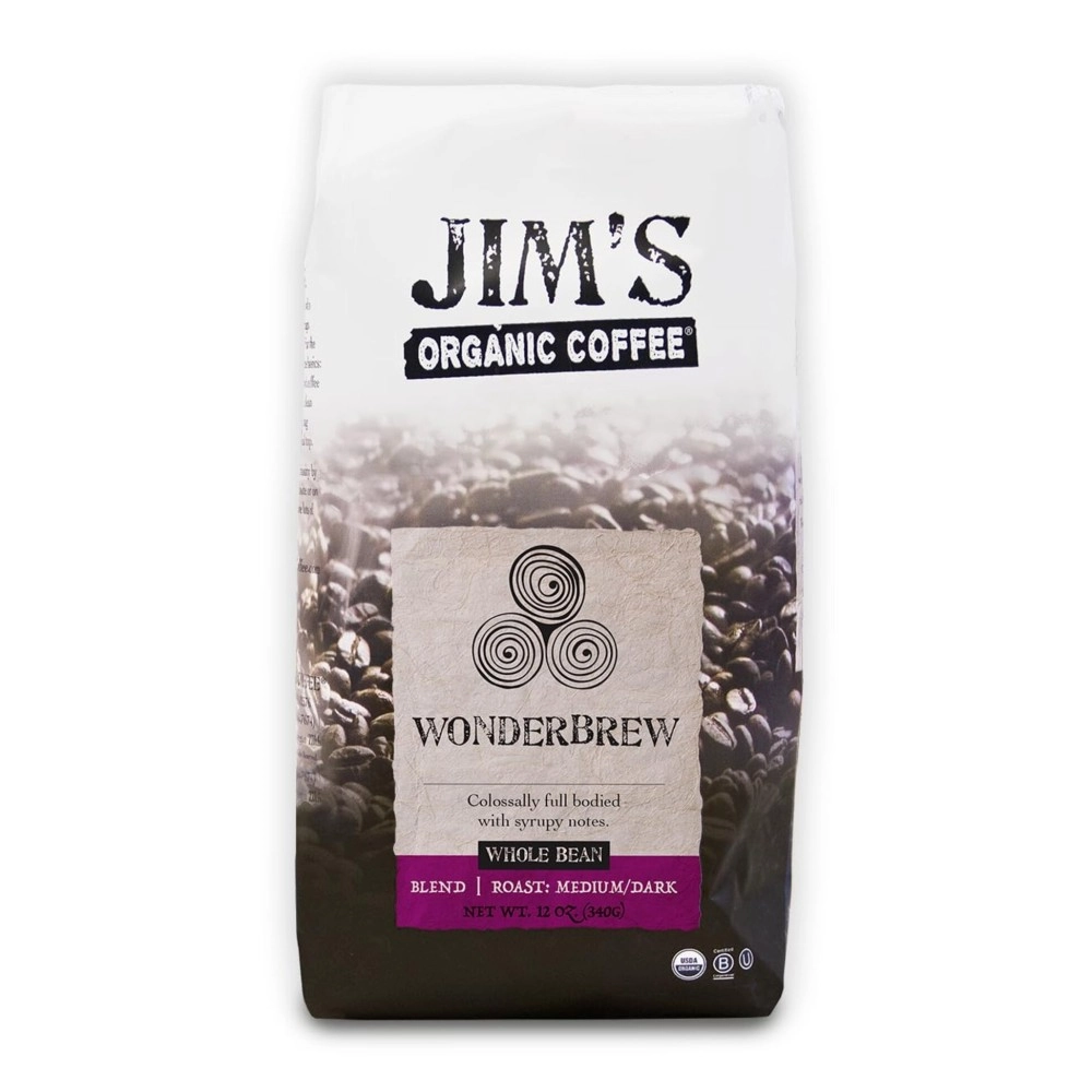 Jim\'s Organic Coffee - Wonderbrew Blend - Medium/Dark Roast, Whole Bean, 12 oz Bag - Certified , Regeneratively Grown, Ethically Traded, Shade Grown