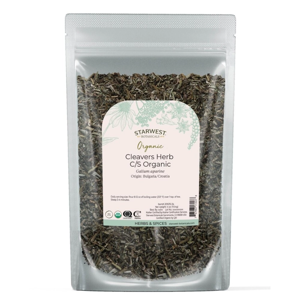 Starwest Botanicals Cleavers Herb Organic - Dried Loose Leaf Herb for Tea, Tinctures, & Herbal Blends, Natural Wellness Support for Women & Men, Cut & Sifted, Certified Kosher, Non-GMO - 4 oz Pouch