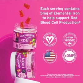 Vitamin Friends - Vegan Multivitamin & Iron for Kids - Daily Nutritional Support Gummies w/Ferrous Fumarate B-Complex, Vitamin C, Zinc, Biotin - Body Function & Anemia - Strawberry, (60 Day Supply)