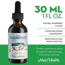 Maxi Health Kids Raspberry Liquid Vitamin B Complex - Vitamin Supplement with Vitamin B12 - Sublingual B Vitamins Complex Drops for Kids with B1 B2 B3 B5 B6 Biotin Folic Acid - 2 fl. Ounces