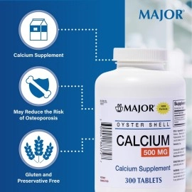Major Oyster Shell Calcium 500 mg - Daily Calcium Supplement - 300 Tablets (1-Pack)