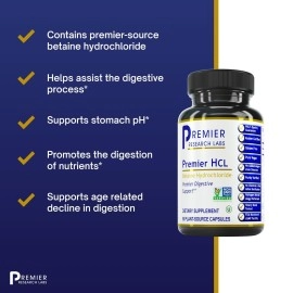 Premier Research Labs HCL - Betaine Hydrochloride Acid Supplement - Supports Digestion - Vegan, Gluten-Free, Kosher - 90 Plant-Source Capsules (Pack of 1)