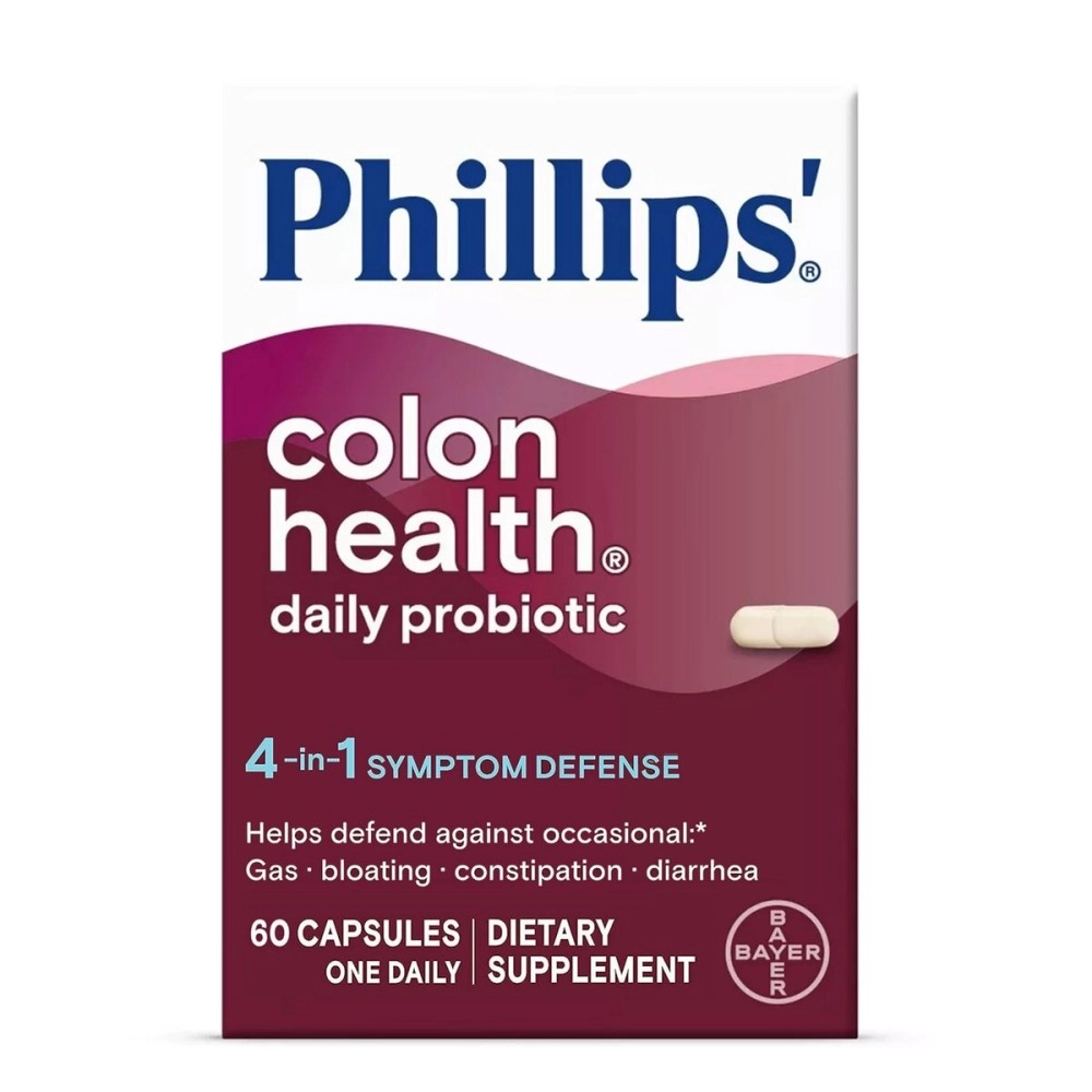 PHILIPS Colon Health Daily Probiotic Capsules, 4-in-1 Symptom Defense to help defend against Occasional Gas, Bloating, Constipation, and Diarrhea, Daily Supplement, 60 Count