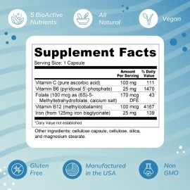 Wellness Resources Blood Booster for Energy and Fatigue - Gentle, Non-constipating Iron, Methylfolate and Other coenzyme B Vitamins (180 caps - Vegan, Gluten Free, Non-GMO)