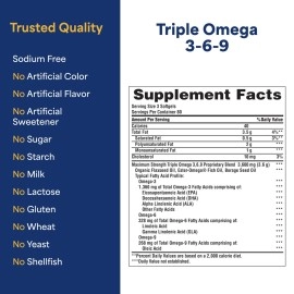 Puritan\'s Pride Premium Maximum Strength Triple Active Omega 3-6-9 Fish, Flax, and Borage Oils, Dietary Supplement for Heart, Joint, and Cellular Health Support, 240 Rapid Release Softgels