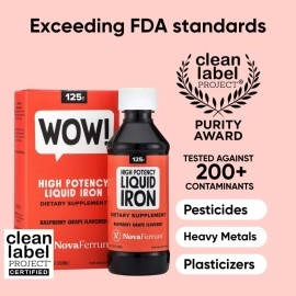 NovaFerrum Wow | 125 High Potency Liquid Iron Supplement | Liquid Iron for Adults | Iron Deficiency | 125mg of Iron Per 5mL Dose | Vegan Verified | Gluten Free Certified | Sugar Free