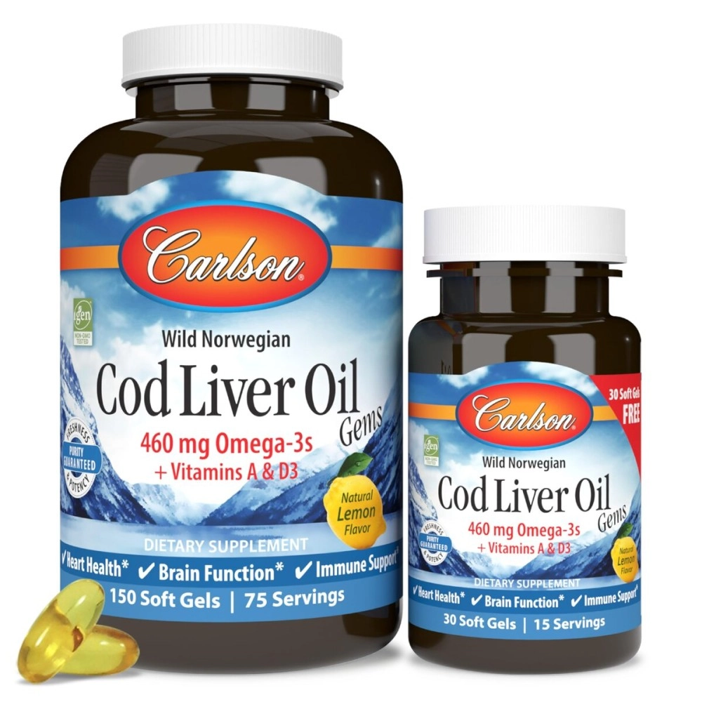 Carlson Labs Cod Liver Oil, Lemon Flavor, 460mg Omega-3s, Bonus Pack, 180 Count