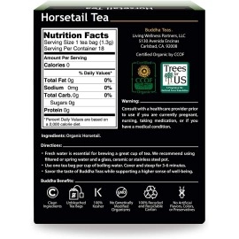 Organic Horsetail Tea, 18 Bleach-Free Tea Bags  Organic Caffeine Free Tea Optimizes Urinary Tract Health, Supports Hair Growth and Bone Development, Natural Source of Vitamin C and Fiber, No GMOs