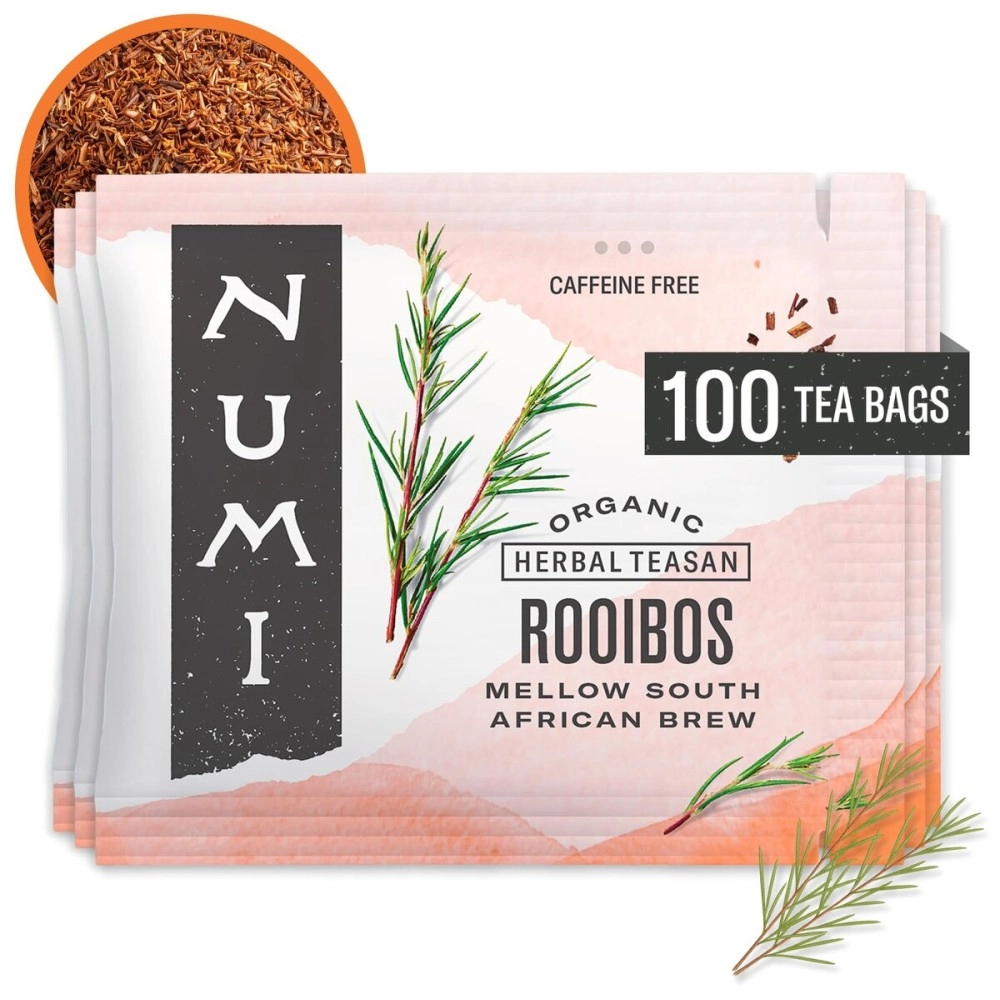 Numi Organic Tea Rooibos, 100 Count Box of Tea Bags, Bulk Non-GMO Biodegradable Tea Bags (Packaging May Vary), Organic Rooibos Tea, Caffeine Free Herbal Tea, Premium Non-Caffeinated Rooibos Tisane
