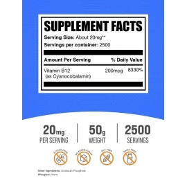 BulkSupplements.com Vitamin B12 Powder - as Cyanocobalamin, Vitamin B Supplement, Vitamin B12 200 mcg - Essential Vitamin, Gluten Free, 20mg per Serving, 50g (1.8 oz) (Pack of 1)