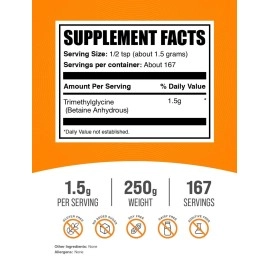 BULKSUPPLEMENTS.COM TMG Powder - Trimethylglycine as Betaine Anhydrous, TMG Supplement - Trimethylglycine Supplement, Gluten Free - 1500mg per Serving 250g (8.8 oz) (Pack of 1)
