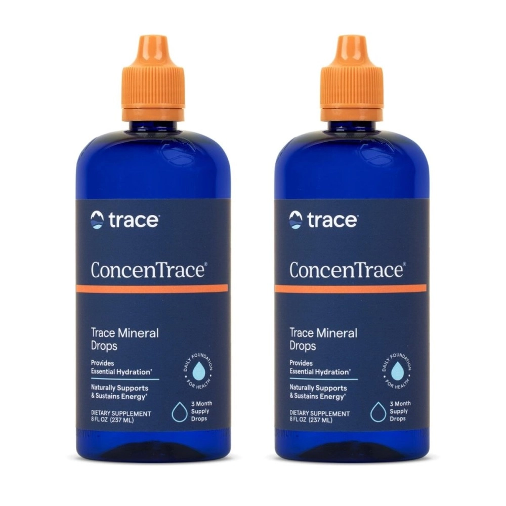 Concentrace Trace Mineral Drops. Magnesium, Chloride, Potassium. Ionic Sea Minerals from the Great Salt Lake in Utah. Hydration. Electrolyte. Performance. Energy. No sugar. 2 pack of 8 oz bottle