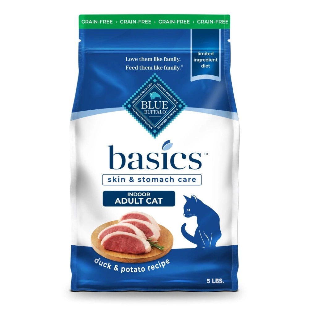 Blue Buffalo Basics Skin & Stomach Care Grain Free, Natural Indoor Adult Dry Cat Food, Duck & Potato 5-lb