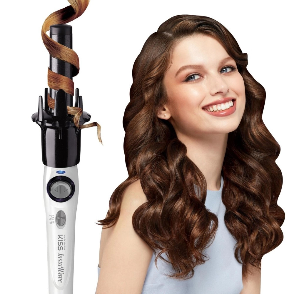 KISS Instawave Deluxe Automatic Rotating Curling Iron, Patented Automotic Spinner, 2-Way Rotation, 1 Ceramic Ionic Wand, Dual Heat Settings, 420 Max Temperature, Black & White
