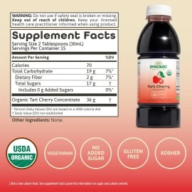 Dynamic Health Organic Tart Cherry Juice, Unsweetened 100% Juice Concentrate, Antioxidants Supplement, No Sweeteners or Additives, Vegan, Gluten Free, BPA Free, 16 oz