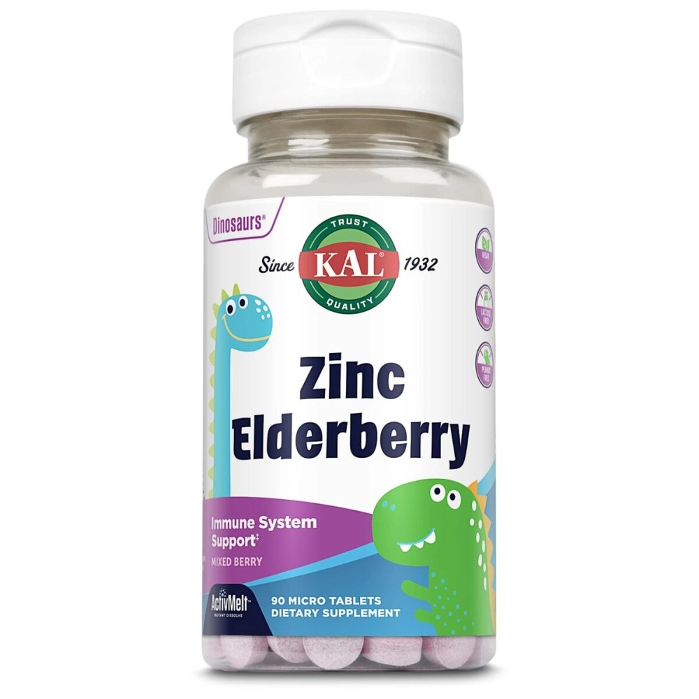 KAL Kids Zinc Elderberry Dinosaurs, Immune Support Supplement* for Children w/Sambucus Elderberry, Fast Dissolving Mixed Berry ActivMelts, Fun, Tasty Dino Shapes, Vegan, 90 Servings, 90 Micro Tablets