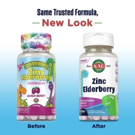 KAL Kids Zinc Elderberry Dinosaurs, Immune Support Supplement* for Children w/Sambucus Elderberry, Fast Dissolving Mixed Berry ActivMelts, Fun, Tasty Dino Shapes, Vegan, 90 Servings, 90 Micro Tablets