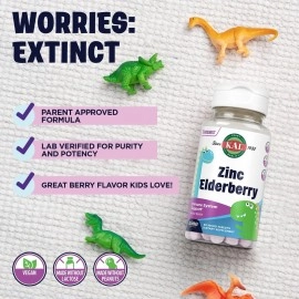 KAL Kids Zinc Elderberry Dinosaurs, Immune Support Supplement* for Children w/Sambucus Elderberry, Fast Dissolving Mixed Berry ActivMelts, Fun, Tasty Dino Shapes, Vegan, 90 Servings, 90 Micro Tablets