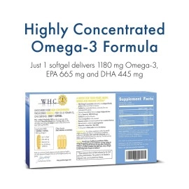 WHC, UnoCardio 1000 Fish Oil, 1300 mg of Pure Triglyceride Fish Oil with Omega-3 (1180 mg), 665 mg EPA and 445 mg DHA and 25 mcg (1000 IU) Vitamin D3 per softgel, Natural Orange, 60 softgels