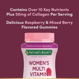 Nature\'s Bounty Optimal Solutions Women\'s Multivitamin, Immune and Cellular Energy Support, Bone Health, Raspberry Flavor, 80 Gummies