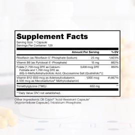 Methyl B Complete - 120 Vegetable Capsules | Optimal Methylation Support Supplement with Quatrefolic 5-MTHF (Active folate), Methylcobalamin (Active B12), B2, B6, and TMG | Pharmaceutical Grade