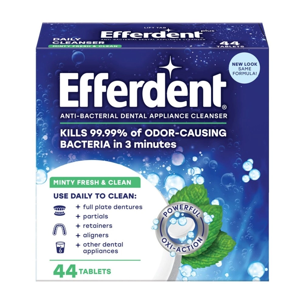 Efferdent Denture Cleaner Minty Fresh & Clean, Retainer Cleaning Tablets for Aligners, Dentures, and Dental Appliances, 44 Count