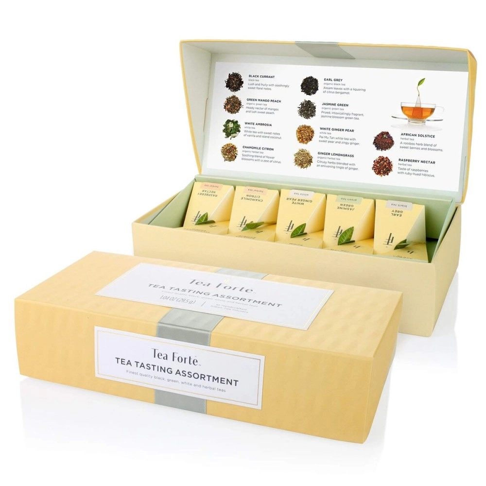 Tea Fort Tea Tasting Assortment Petite Presentation Box Tea Sampler, Assorted Variety Tea Box, 10 Handcrafted Pyramid Tea Infusers - Black Tea, White Tea, Green Tea, Herbal Tea