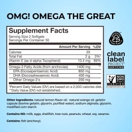 HUM OMG! Omega The Great - Triple Omega 3 Fish Oil Supplement with DHA, EHA & Vitamin E to Support Bright & Even Skin Tone - Gluten Free & Non-GMO (60 Softgels)