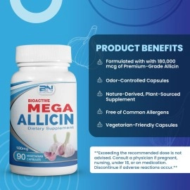 BuyNaturally Potent Allicin Odor Controlled Garlic Supplement by Mega Allicin|180,000mcg (180mg) Veggie Capsules with Immune Support, Gluten-Free (90 Count)
