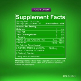 NutraKey L-Carnitine 3000mg, No Sugar, Gluten Free, Turn Into Fuel, (Grape Crush) 31 Servings