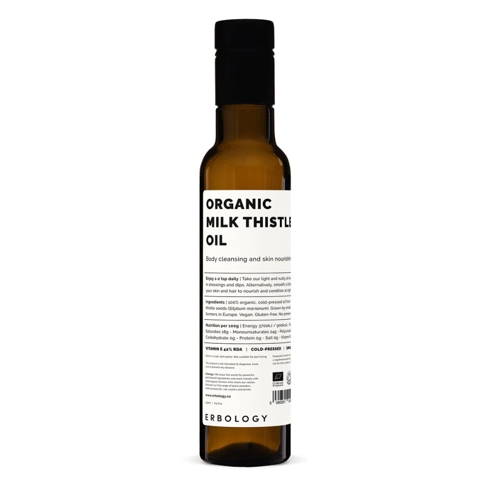 Erbology Organic Milk Thistle Oil 250ml - Cold-Pressed - High in Vitamin E (420% RI) - Detoxifying - Straight from Farm - GMO-Free - No Additives or Preservatives - Recyclable Glass Bottle