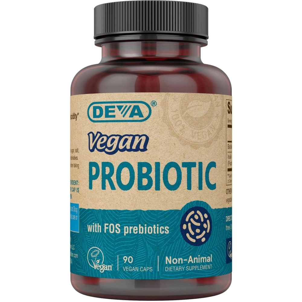 Deva Vegan Probiotic with FOS Prebiotics Supplement - 2 Billion CFU with 100 MG of Prebiotics Per Serving for Men & Women - Non-Dairy Gluten Free - Naturally Shelf Stable - 90 Capsules