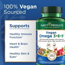 Purity Products Omega 3-6-9 Vegan and Vegetarian Omega Formula - 5 in 1 Essential Fatty Acid Complex - Scientifically Formulated Plant-Based Omega 3 6 9 Essential Fatty Acids (EFA) - from (60)