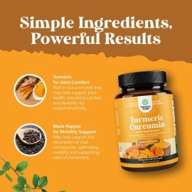 Turmeric Curcumin with Bioperine Antioxidant Supplement - Turmeric Capsules with Curcumin Supplements for Anti Aging Brain Booster and Joint Support - Turmeric with Black Pepper Brain Supplement