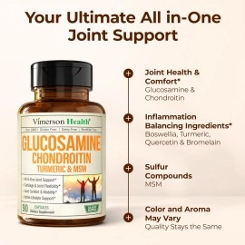 Glucosamine with Chondroitin Turmeric MSM Boswellia. Supports Occasional Joint Pain Relief. Helps Inflammatory Response, Antioxidant Properties. Supplement for Back, Knees, Hands. 90 Capsules