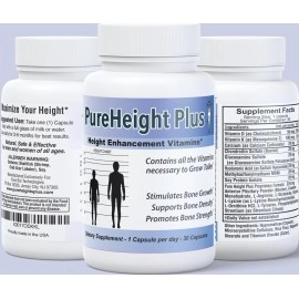 Pure BioTechnologies PureHeight Plus Height Enhancement Vitamins - Helps You Grow Taller - Increases Bone Strength, Builds Bone Density, Stimulates Bone Growth - One-A-Day (30 Capsules)