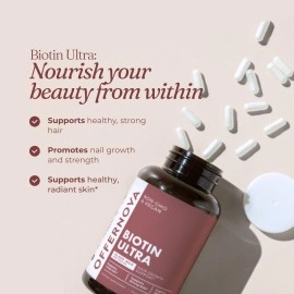 Offernova Biotin Ultra - Vitaminas para el Cabello con Biotina - Pastillas para Crecimiento del Pelo y Barba | Fortalece el Pelo Piel y Unas - 120 Tabletas