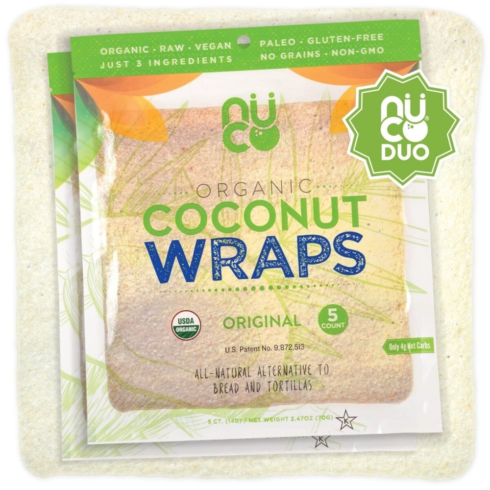 NUCO DUO Certified Organic, SHELF STABLE, All Natural, Paleo, Gluten Free, Vegan Non-GMO, Kosher Raw Veggie NUCO Coconut Wraps. NO Salt Added Low Carb and Yeast Free 10 Count Various Quantities