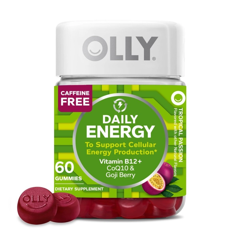 Olly Daily Energy Gummy, 30 Day Supply (60 Gummies), Tropical Passion, Vitamin B12, CoQ10, Goji Berry, Caffeine Free, Chewable Supplement,Daily Energy, 60 Count
