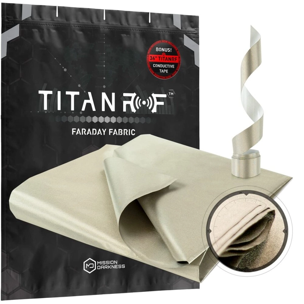 Mission Darkness TitanRF Faraday Fabric Kit 1 Yard (.91m x 1.1m) // Military Grade Conductive Material Blocks RF Signals (WiFi, Cell, Bluetooth, RFID, EMF) // 44W x 36L Fabric + 36 Tape