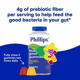 Phillips\' Fiber Good Gummies, Prebiotic Fiber Supplement with Inulin Soluble Fiber for Men and Women, Fruit Flavored Daily Fiber Gummies, 4g of Fiber Per Serving (2 Gummies), 90 Count
