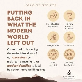 Ancestral Supplements Grass Fed Beef Liver Desiccated Natural Iron, Vitamin A, B12 for Energy (180 Capsules)