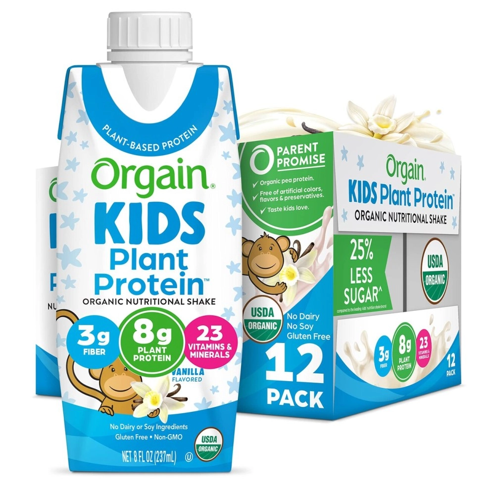 Orgain Organic Kids Nutritional Vegan Protein Shake, Vanilla - Healthy Kids Snacks, 8g Plant Protein, 3g Fiber, 23 Vitamins & Minerals, No Dairy & Soy Ingredients, Non-GMO, 8 Fl Oz (Pack of 12)