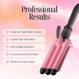 Alure Three Barrel Curling Iron Wand with LCD Temperature Display - 1 Inch Ceramic Tourmaline Triple Barrels, Dual Voltage Crimp