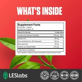 LES Labs Insulin Health - Metabolic Health, Glucose Support, Lipid & Carbohydrate Metabolism - Berberine, Chromium, Olive Leaf, Alpha Lipoic Acid & Vanadium - Non-GMO Supplement - 60 Capsules